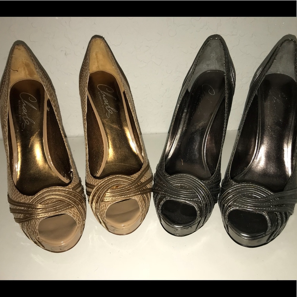 2 pair black/silver and tan/gold. Platform heels